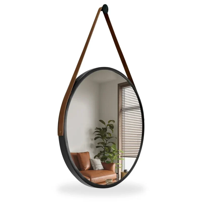 Espelho Redondo Decorativo Adnet Supenso Parede 60cm 50cm 40cm 30cm Com Alça Em Couro PU Sala Quarto Banheiro Maquiagem Closet
