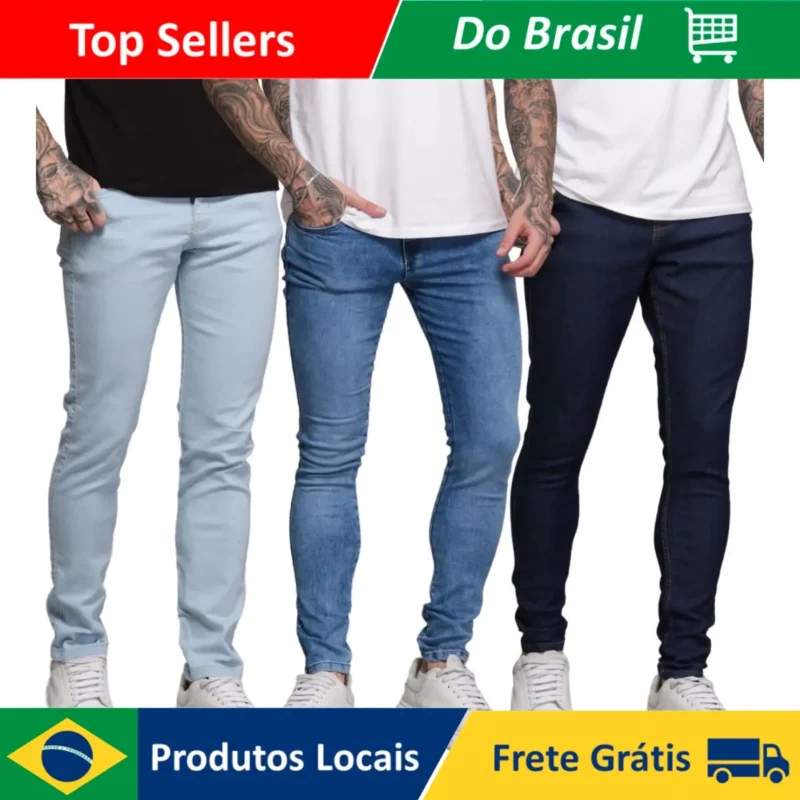 Kit 3 Calças Jeans Masculina Skinny Clara Marmorizada Escura Premium
