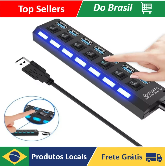 Extensão Hub Régua Usb 2.0 - 7 Portas Pc Hd Externo Pendrive