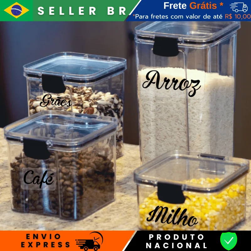 Kit 4 Potes Herméticos Empilhável com Trava e Alta Vedação para Alimentos e Mantimentos Organizador de Cozinha