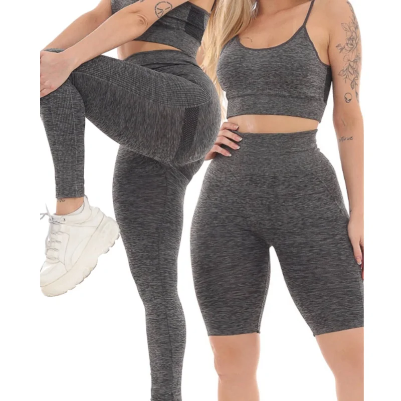 Kit 3pç Fitness Top Shorts Calça Para Academia Levanta Empina Bumbum Esportivo Cinza Escuro