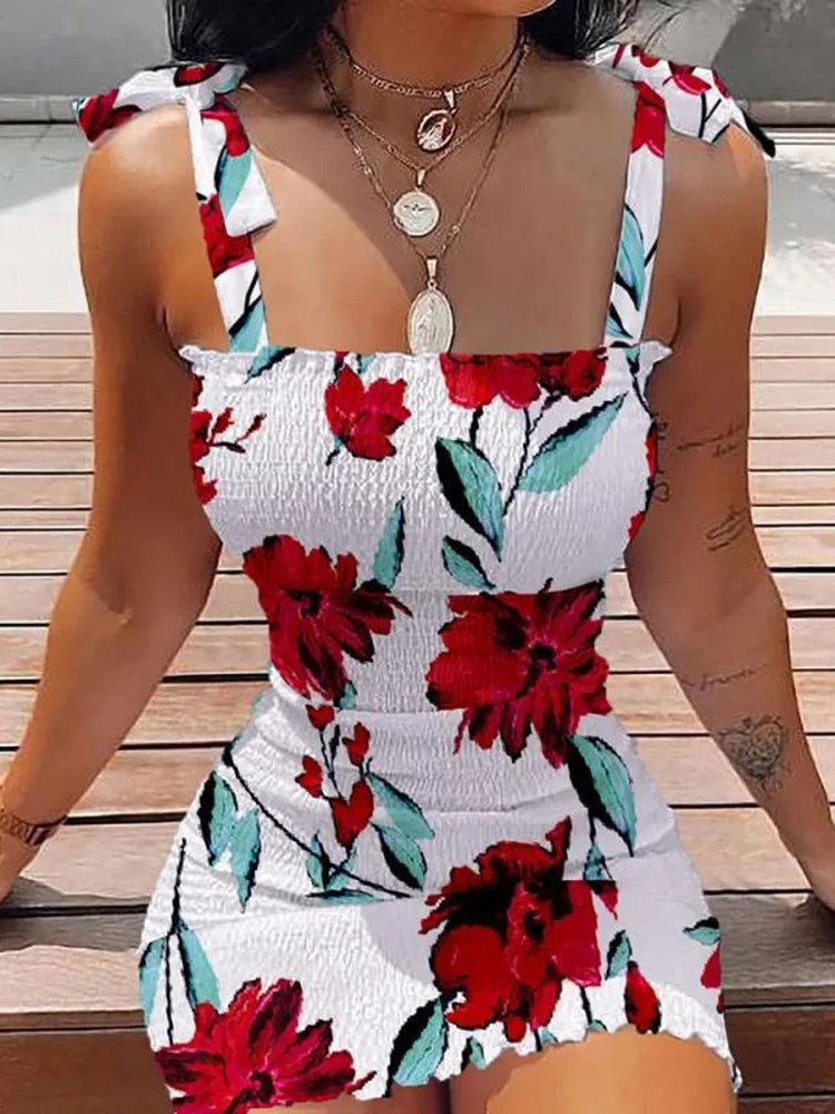 Vestido feminino casual sem mangas rendas moda floral mini vestido