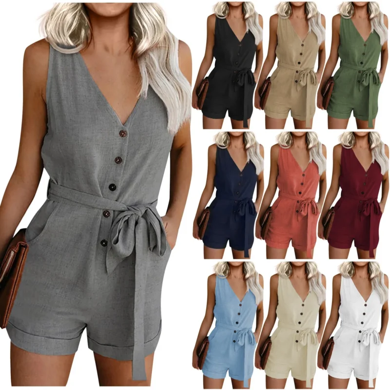 Feminino Casual V-Neck Bow Pocket Shorts largos, macacões sem mangas, macacão, 1pc
