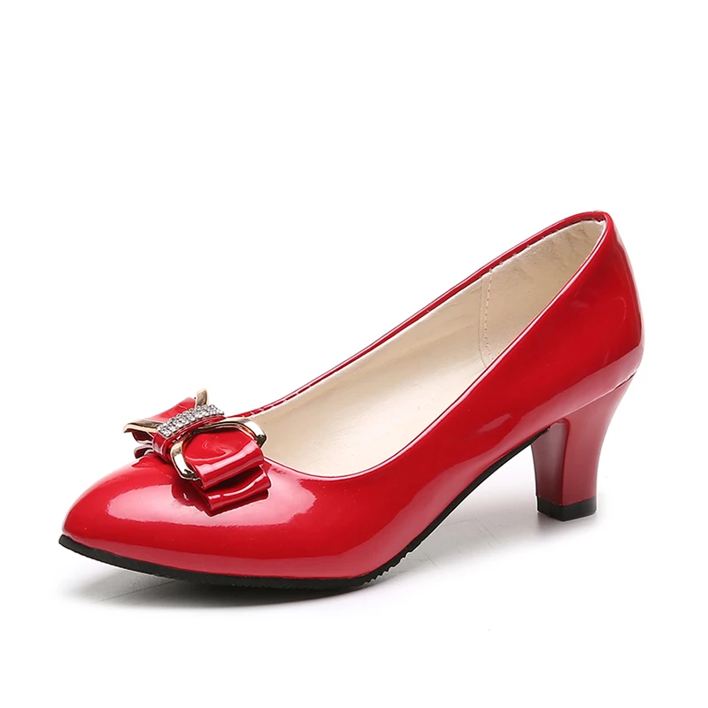Sapatos de salto alto de couro envernizado para mulheres, sapatos de vestido, salto médio, Metal Bow, Office, 2023