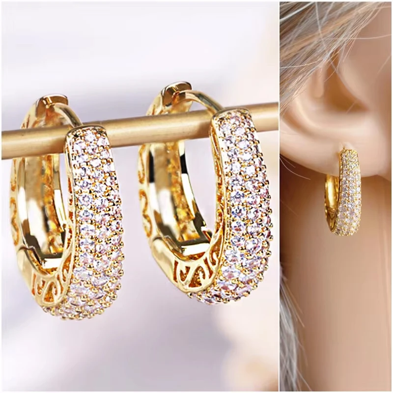 Huitan luxo pavimentado cz hoop brincos para mulheres cor de ouro oco para fora design temperamento feminino acessórios de orelha moda jóias