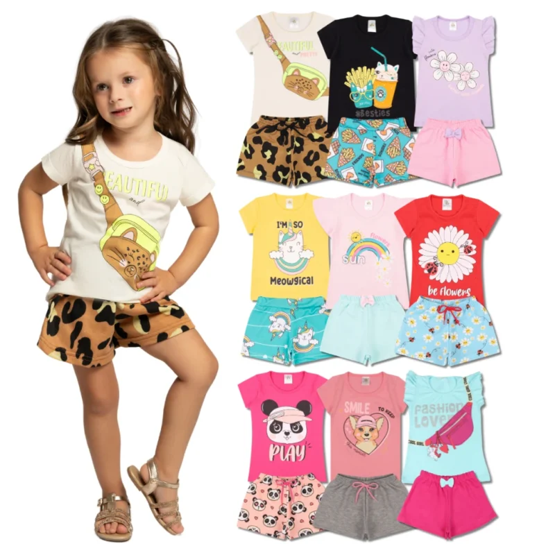 Kit Sortido 8 Peças de Roupas Infantil Menina - 4 Camisetas + 4 Bermudas Kit com 4 Conjuntos de Roupa Infantil Menina Verão