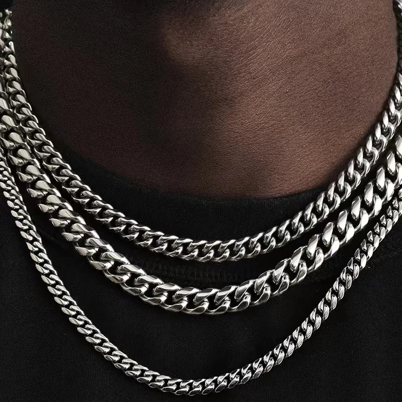 Colares cubanos de aço inoxidável para homens e mulheres, gargantilha de corrente de ouro preto, jóias de metal sólido, punk básico, 3mm, 5mm, 7mm
