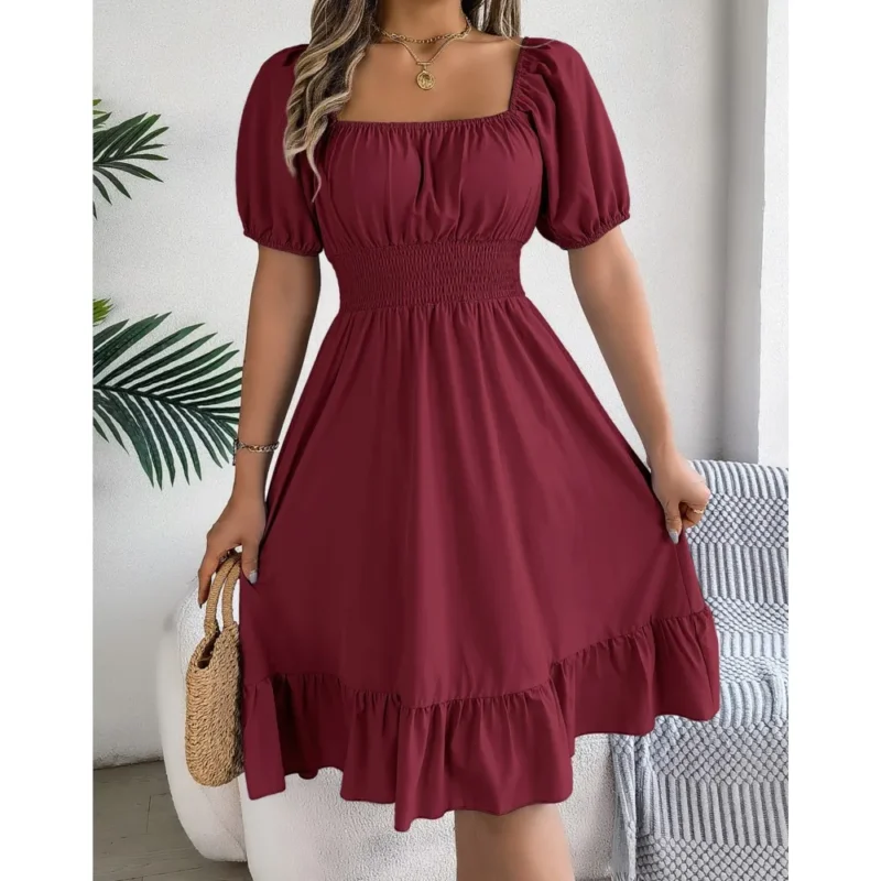 Vestidos MIidi femininos 2024 verão casual pescoço quadrado manga curta cintura plissado borda vestido feminino elegante