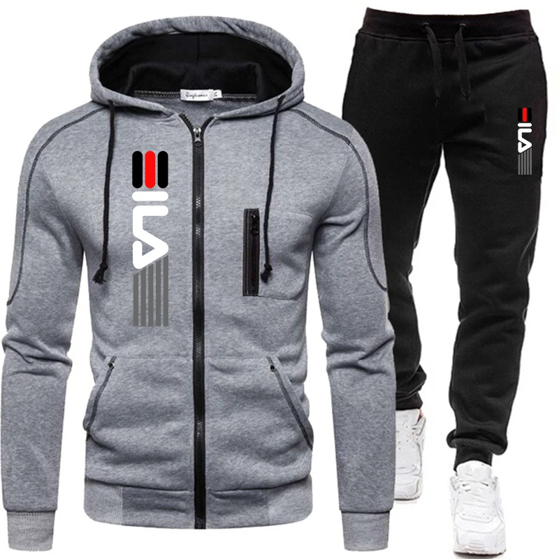 Conjunto de moletom e moletom com zíper de 2 peças masculino, agasalho casual com capuz, roupas masculinas, terno outono